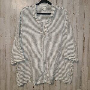 Artizan NY size 2X Linen striped Top Tunic 3/4 sleeve Collared Henley